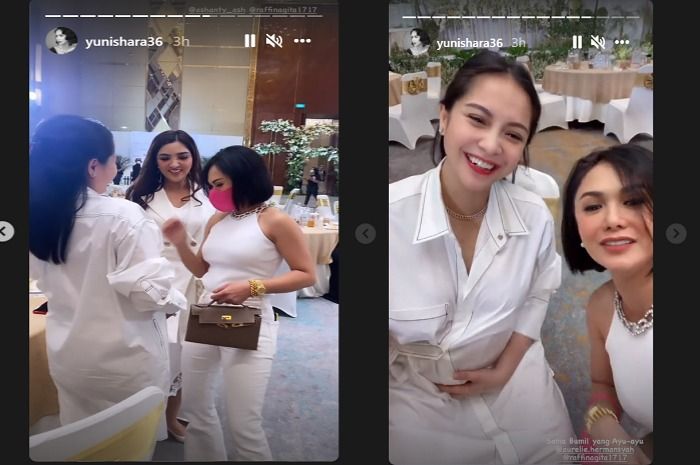 Kolase foto tangkapan layar unggahan Instagram Story Yuni Shara saat bertemu Nagita Slavina.