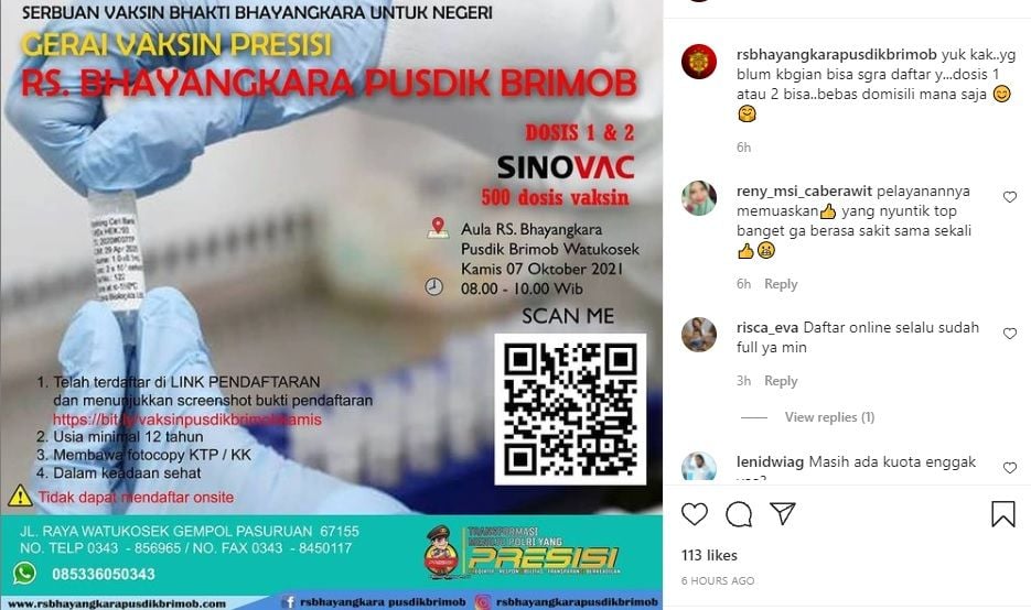 Informasi vaksin di RS Bhayangkara Pusdik Brimob Watu Kosek Pasuruan 7 Oktober 2021 