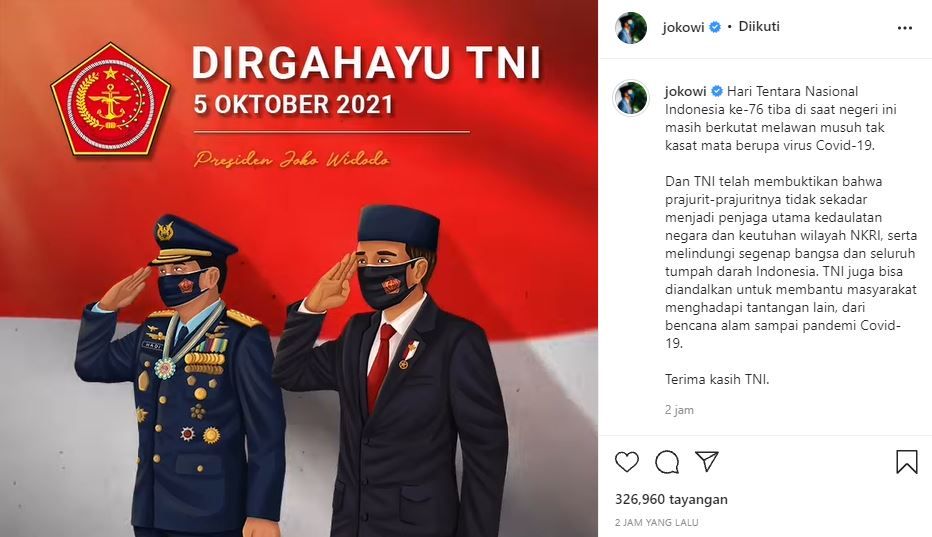 Unggahan Presiden Jokowi saat peringati HUT TNI ke-76.