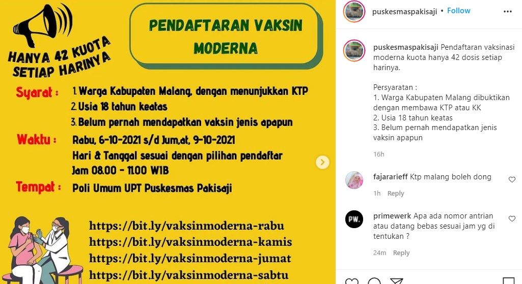 Info vaksin Moderna di Puskesmas Pakisaji Malang pada 6-9 Oktober 2021
