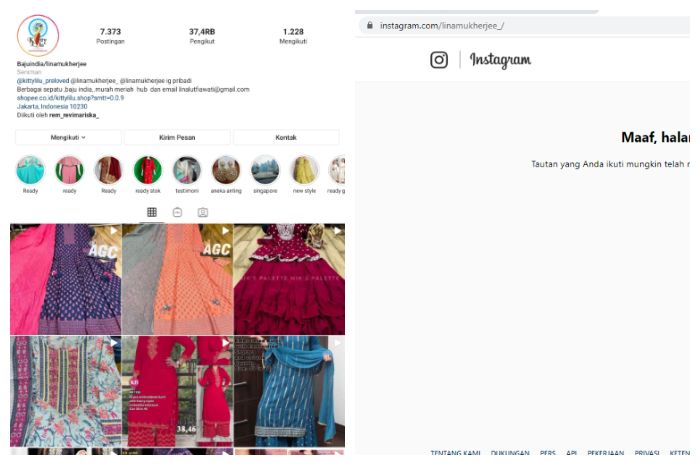 Akun Instagram Lina Mukherjee mendadak hilang.
