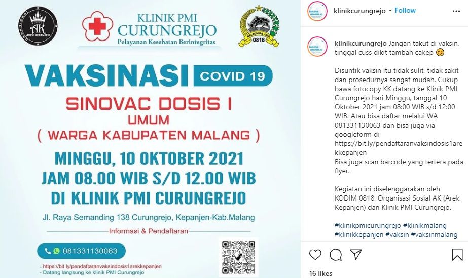 Info vaksin gratis di Klinik PMI Curugrejo Malang 10 Oktober 2021