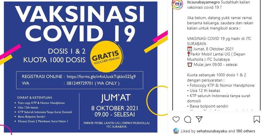 Info vaksin di ITC mega Grosir Surabaya dapat makan gratis pada Jumat 8 Oktober 2021