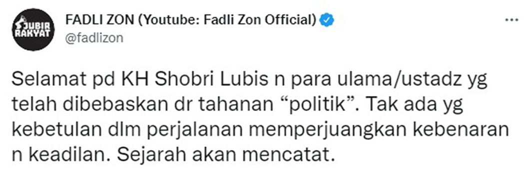 Fadli Zon Ucapkan Selamat untuk Lima Eks Petinggi FPI yang Resmi Bebas