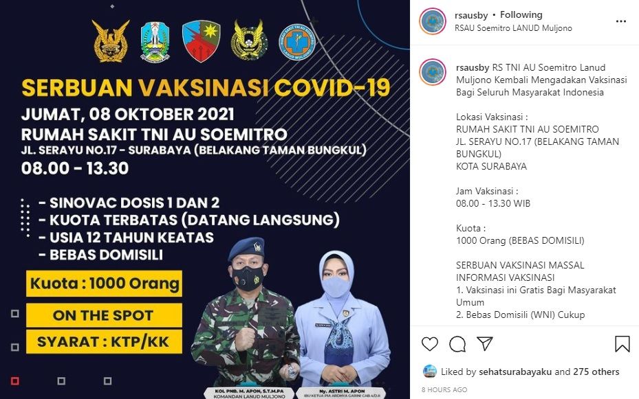 Info vaksin gratis di RS TNI AU Surabaya pada Jumat 8 Oktober 2021