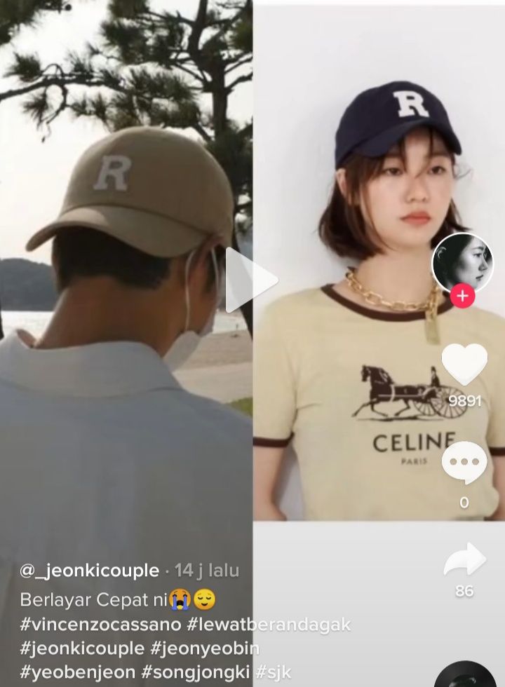 potret Song Joong Ki dan Jeon Yeo Bin menggunakan topi couple/tangkapan layar akun TikTok@_jeonkicouple
