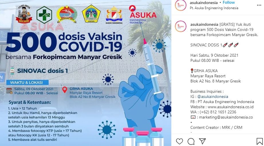 Info vaksin di Asuka Manyar Gresik pada Sabtu 9 Oktober 2021