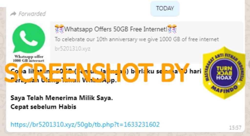 HOAKS - Beredar pesan berantai yang menyebut jika WhatsApp memberikan kuota gratis 50 GB untuk 90 hari.*