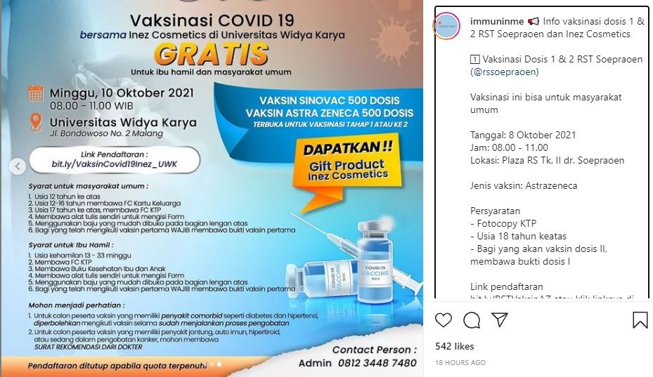 Info vaksin gratis yang digelar Inez Cosmetic Malang pada 10 Oktober 2021