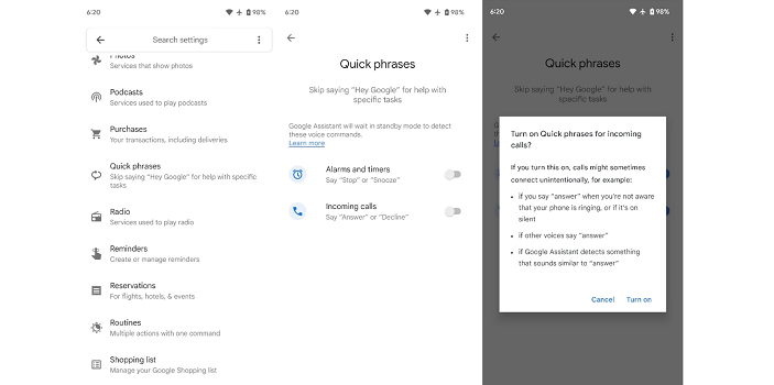 Pengaturan fitur Quick Phrases pada pengaturan aplikasi Google untuk Google Assistant.