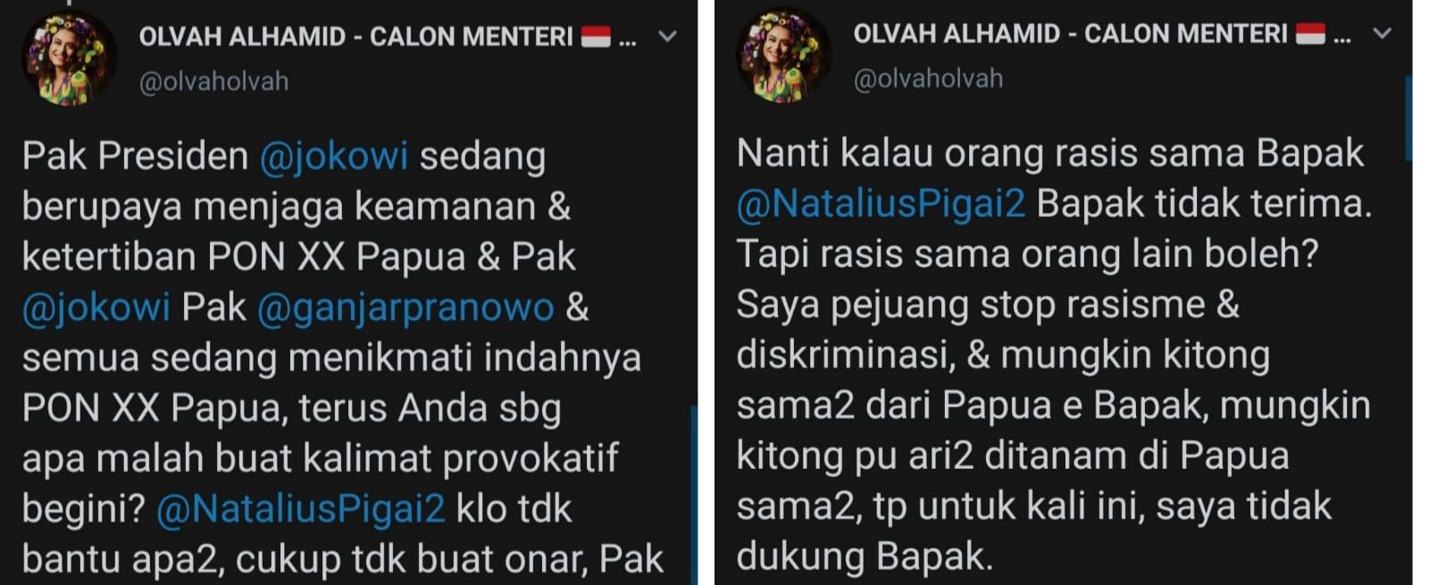 Cuitan Olvah Alhamid tentang dugaan rasis yang dilakukan Natalius Pigai pada Jokowi dan Ganjar Pranowo