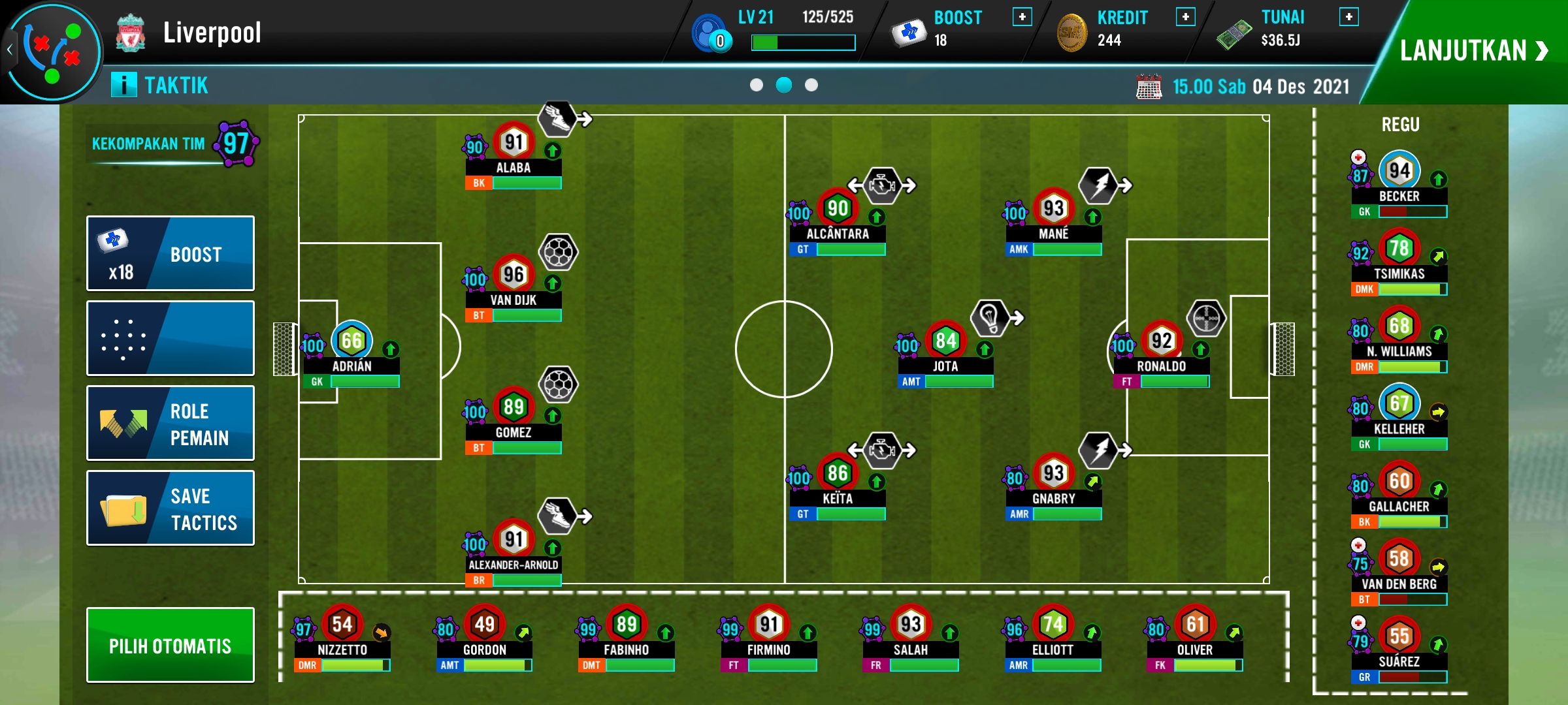 Formasi 443 dengan tipikal menyerang, dalam game Soccer Manager 2022