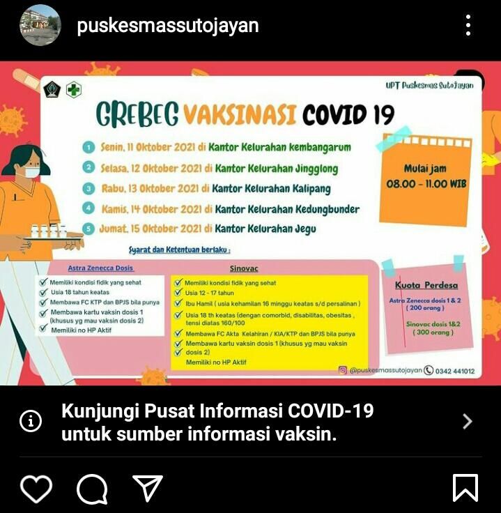 Informasi Vaksinasi Sinovac Dan Astrazeneca Kuota 500 Peserta Di Kabupaten Blitar 13 Oktober 2021 Kabar Lumajang<script async src=