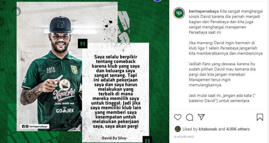 Rumor David da Silva kembali ke Persebaya Surabaya terus bergulir menjelang Seri 2 BRI Liga 1 musim 2021