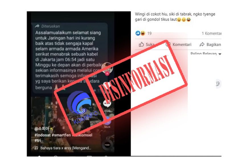 HOAKS - Beredar pesan berantai menyebut gangguan WhatsApp, Instagram dan Facebook lantaran kabel di Jakarta ditabrak kapal selam Amerika.*