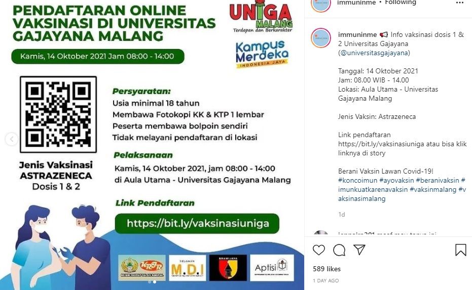 Info vaksin di kampus UNIGA Malang Kamis 14 Oktober 2021