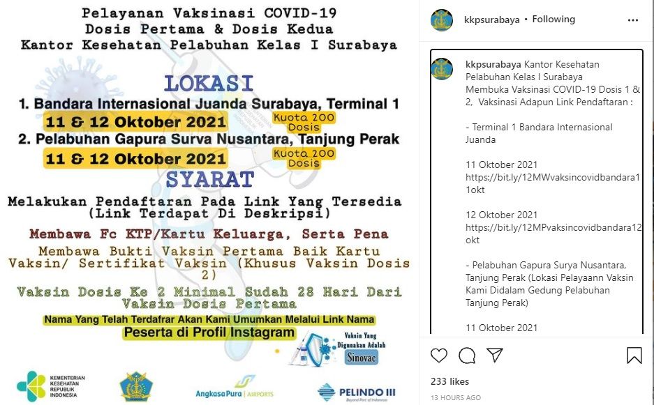 Info vaksin di Bandara Juanda dan Pelabuhan Tanjung Perak Surabaya, 11-12 Oktober 2021