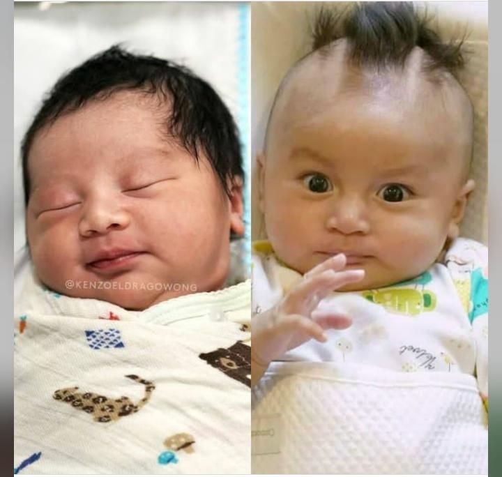 Baim Wong mengunggah foto Kiano saat gaya rambutnya mohawk dan menyandingkannya dengan Kenzo Eldrago Wong yang baru lahir.