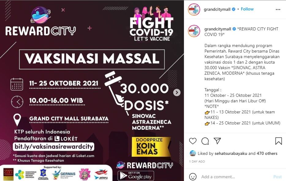 Info vaksin gratis berhadiah koin emas di Grand City Mall Surabaya 11-25 Oktober 2021