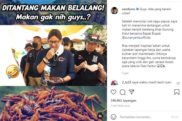 Postingan Instagram Sandiaga Uno yang sedang mencicipi kuliner khas Gunung Kidul keripik belalang goreng bersama sang Bupati, H. Sunaryanta