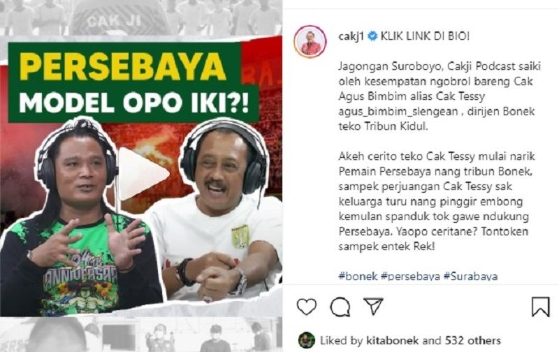 Tangkapan layar podcast Wawali Surabaya Armuji alias Cak Ji bersama Cak Tessi, tokoh Bonek