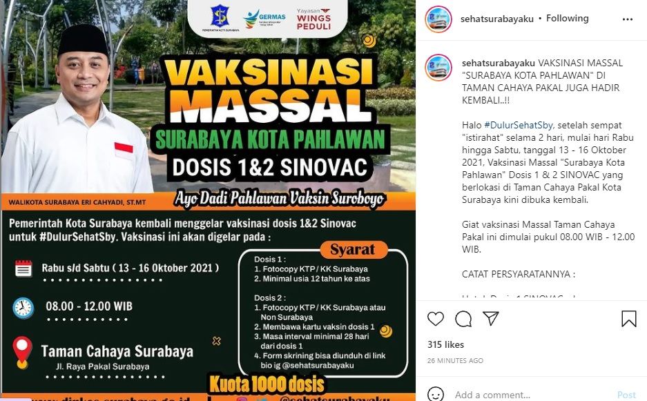 Info vaksin di Taman Cahaya Pakal Surabaya 13-16 Oktober 2021