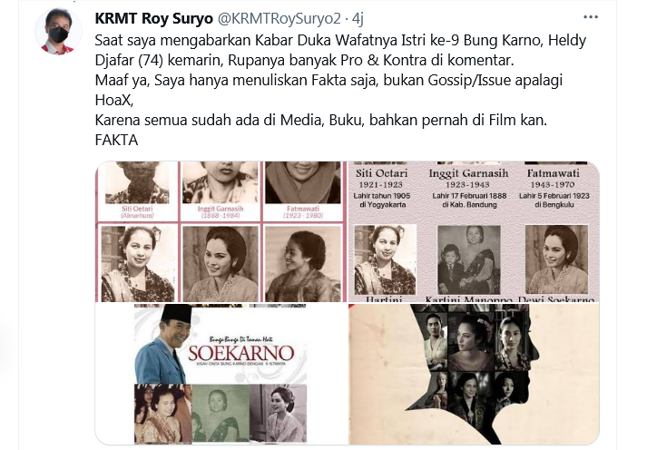 Unggahan kedua Roy Suryo terkait meninggalnya istri Soekarno yang ke-9
