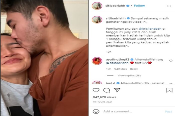 Siti Badriah mengunggah momen saat beri kejutan kabar kehamilan dirinya ke sang suami, Ayu Ting Ting beri ucapan ini.