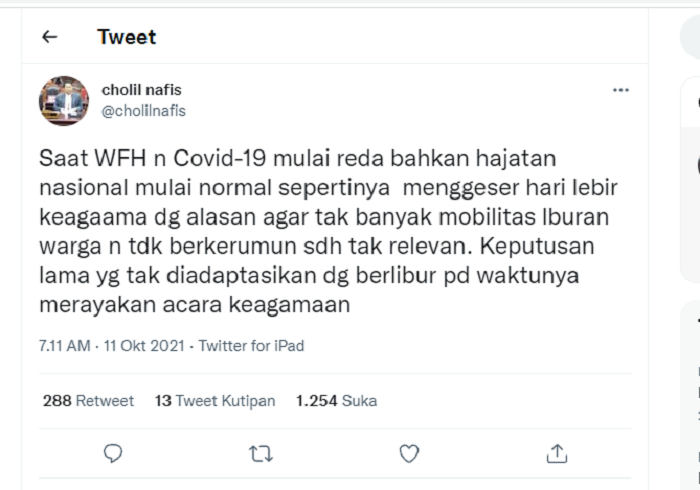 Ketua Majelis Ulama Indonesia (MUI), KH. Cholil Nafis menanggapi soal penggeseran hari libur maulid karena alasan Covid-19.