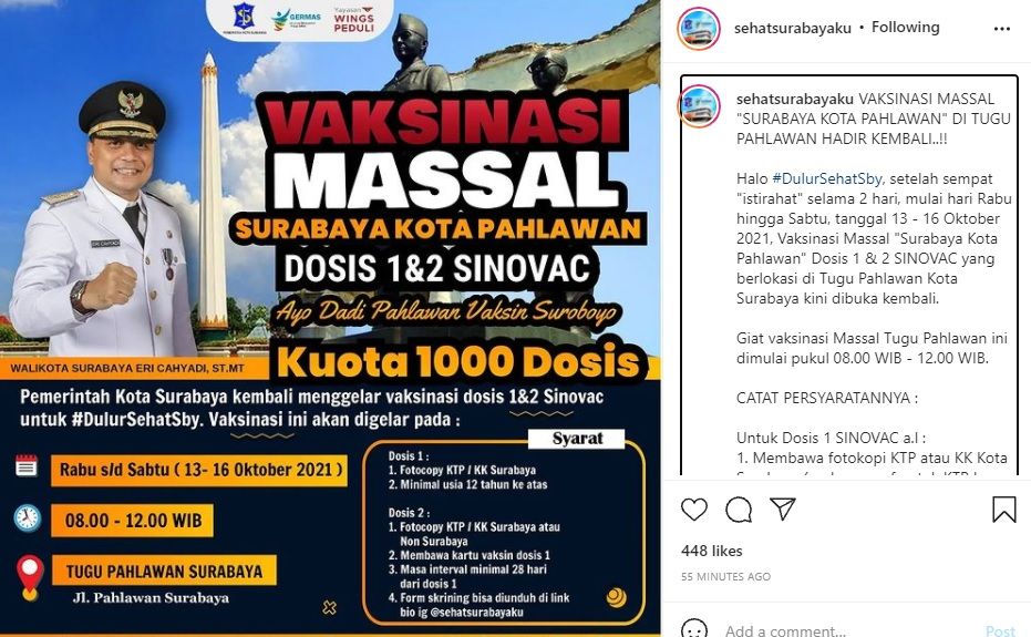 Info vaksinasi massal di Tugu Pahlawan Surabaya pada 13-16 Oktober 2021