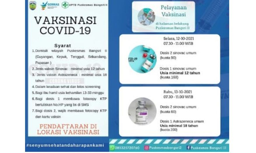 Info Vaksinasi Sinovac Dan Astrazeneca Pada 12 Dan 13 Oktober 2021 Di Puskesmas Bangsri Ii Jepara Kabar Lumajang<script async src=