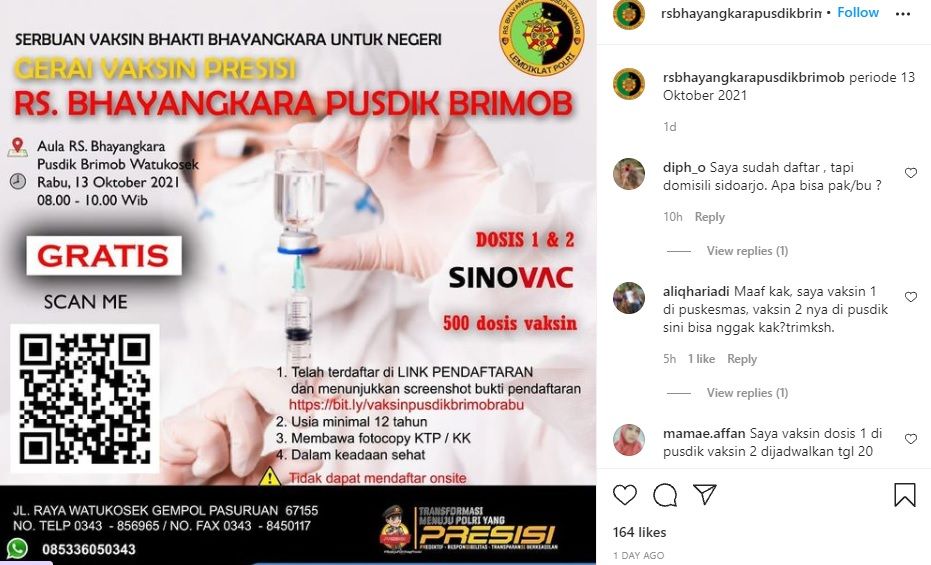 Info vaksin di RS Bhayangkara Pusdik Brimob Watu Kosek Pasuruan 13 Oktober 2021