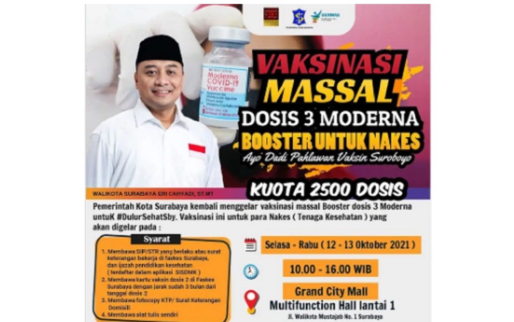 Jadwal vaksin 12-13 Oktober di Grand City Mall Surabaya, dosis 3 Moderna untuk Nakes.