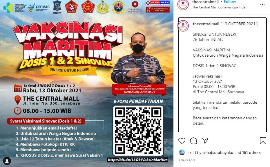 Info vaksin di The Central Mall Surabaya Rabu 13 Oktober 2021