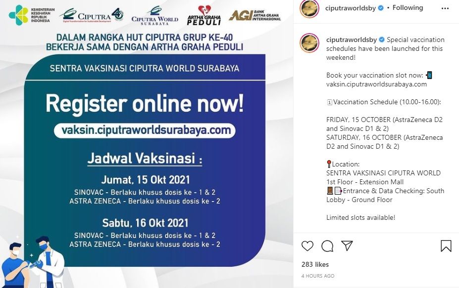 Jadwal vaksinasi spesial di Mall Ciputra World Surabaya 15-16 Oktober 2021