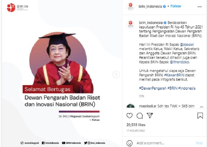 Warganet ramai-ramai mengomentari dilantiknya Megawati Soekarnoputri sebagai Ketua Dewan Pengarah Badan Riset dan Inovasi Nasional (BRIN).*