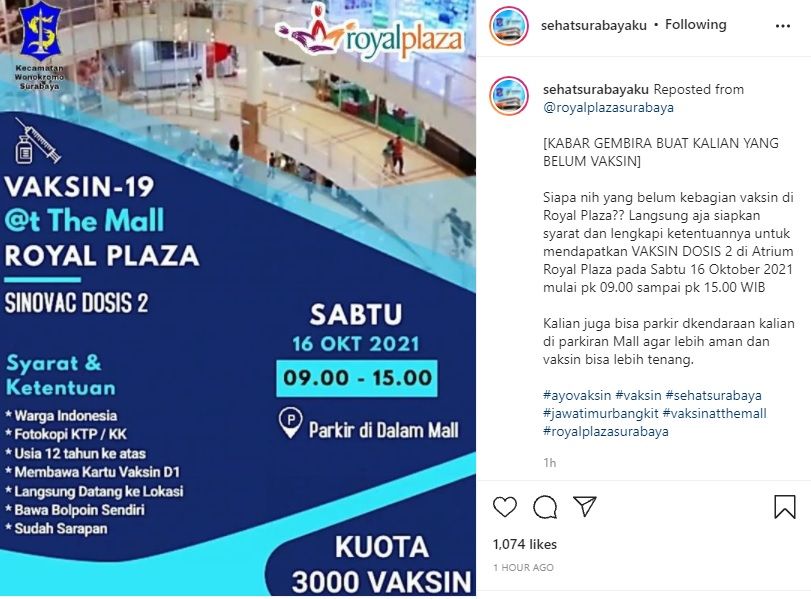Info vaksin di Mall Royal Plaza Surabaya pada Sabtu 16 Oktober 2021