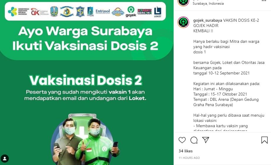 Info vaksin dosis 2 GOJEK Surabaya di DBL Arena Surabaya 15-17 Oktober 2021