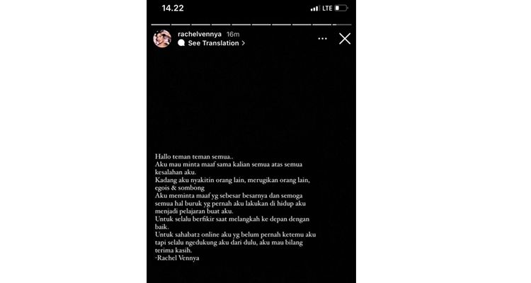 Permintaan maaaf Rachel Vennya di Instagram Story, Kamis 14 Oktober 2021