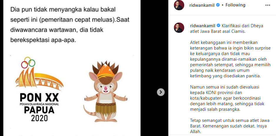 Unggahan Gubernur Jawa Barat Ridwan Kamil tentang atlet selam asal Ciamis./
