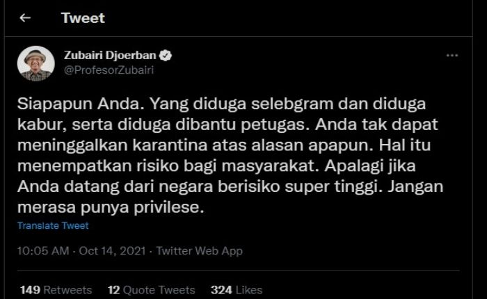 Cuitan Profesor Zubairi Djoerban soal Rachel Vennya.