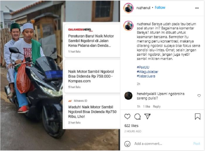 Wakil Gubernur Jawa Barat, Uu Ruzhanul Ulum menanggapi peraturan  naik motor, dimana pelanggar bisa didenda Rp750.000.*