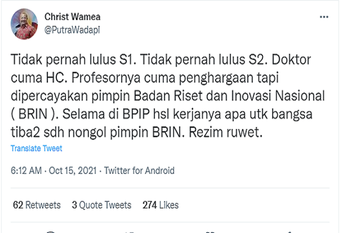 Tangkapan layar cuitan Christ Wamea soal Megawati jadi Ketua Dewan Pengarah BRIN.