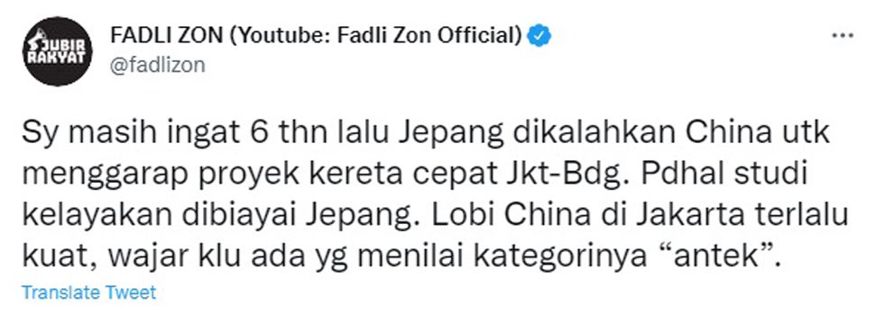 Fadli Zon Tanggapi Proyek Kereta Cepat Jakarta-Bandung