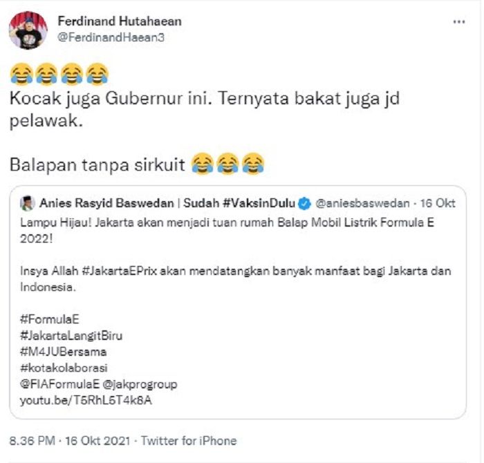 Cuitan Ferdinand Hutahaean yang singgung pernyataan Anies Baswedan tentang gelaran ajang balap Formula E di Jakarta