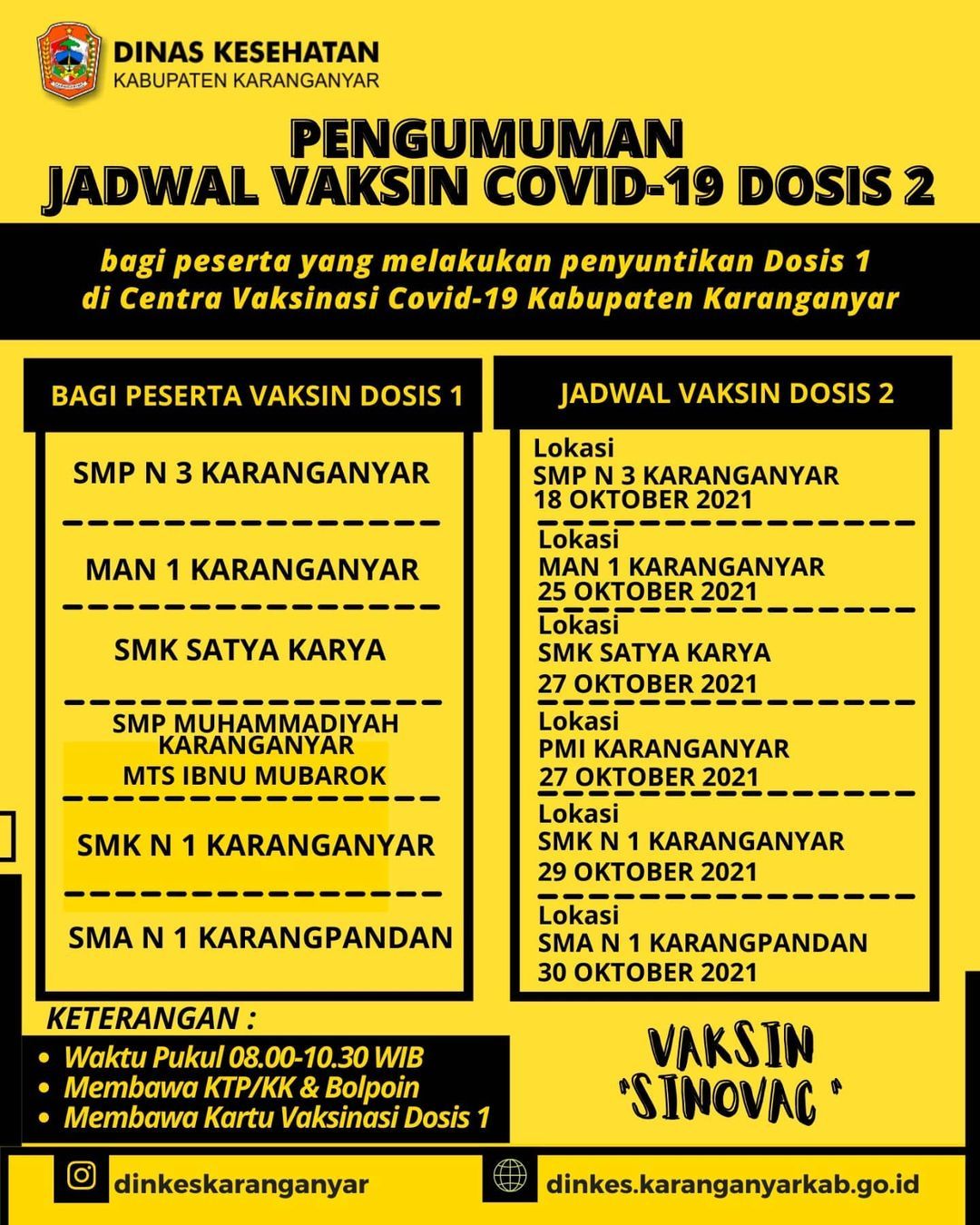 Info Vaksin di Dinkes Karanganyar 18-30 Oktober 2021