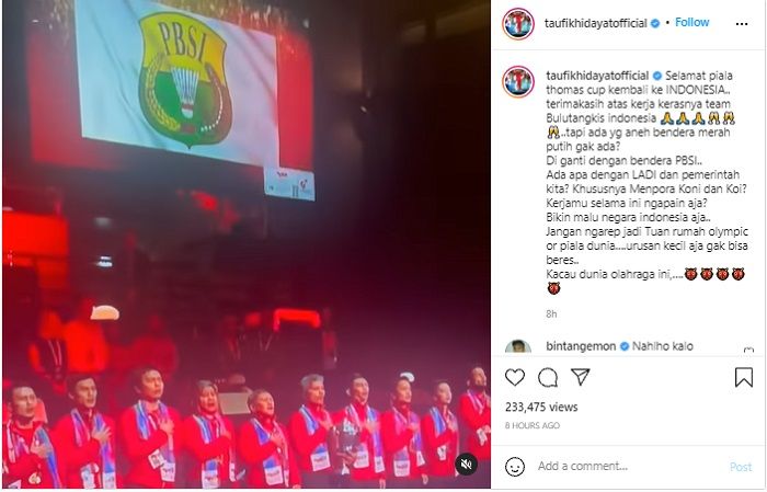 Taufik Hidayat menyentil Pemerintah Indonesia usai bendera merah putih tidak berkibar saat Indoensia juara Thomas Cup 2021.*