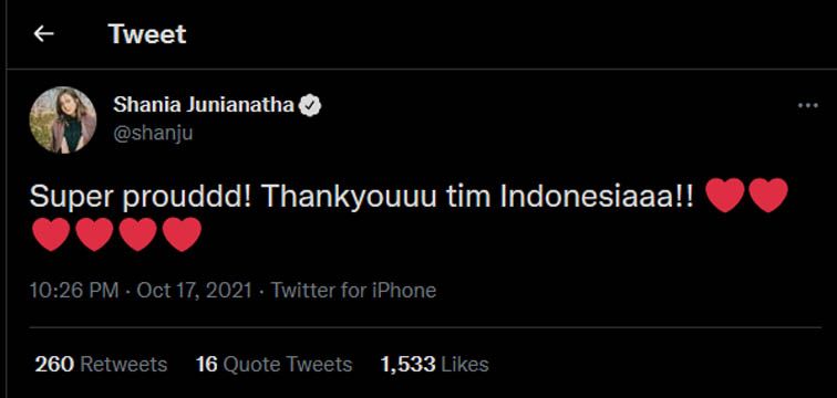 Cuitan Shania Junianatha yang bangga melihat tim Indonesia menjuarai Thomas Cup 2021.