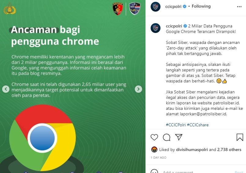CCIC Polri mengingatkan para pengguna Google Chrome yang berpotensi terjadi perampokan data oleh hacker