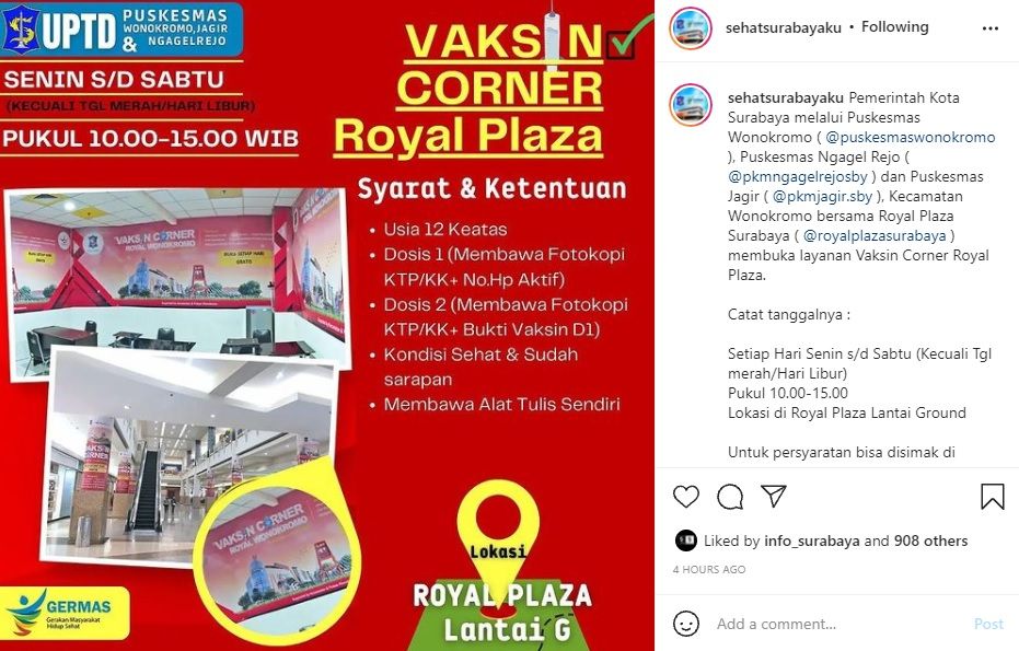 Info Vaksin Corner Royal Plaza Surabaya melayani vaksinasi setiap hari
